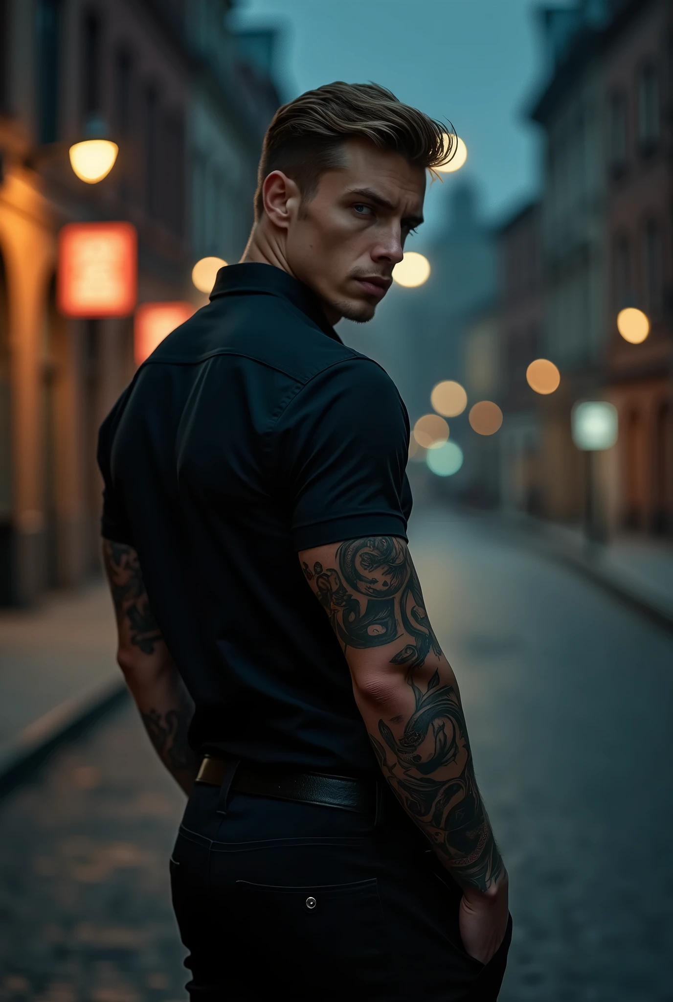 Create a guy in his 30s with Russian and Italian features, That his eyes be blue, medium light brown hair, height of 1.muscular man with tattoos on his left arm that reach his fingers , A piercing on his lower lip on the right side. He is dressed in elegant clothes, a black shirt , He's wearing black pants, He has his back to us, looking over his shoulder 