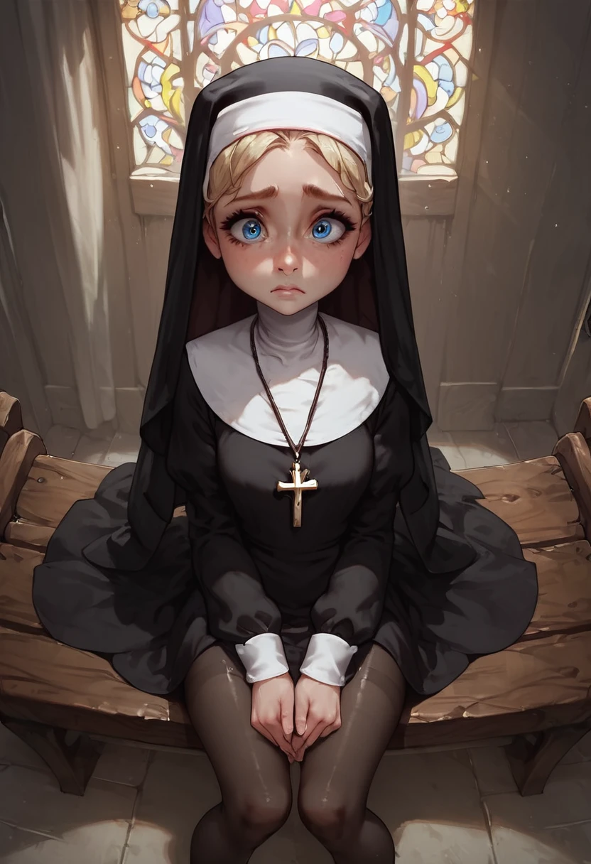 rating_safe, score_8_up, score_7_up, score_6_up, 1girl, solo, shiny skin, pale skin, small breasts, cute perfect face, kid-like proportions, big head and big eyes, tiny limbs, thin body, (nun habit, beautiful smooth blonde hair), (tiny prepubescent innocent young little nun-girl sitting on wooden bench in confession booth), tiny prepubescent child, (nun outfit), (uncomfortable nervous scared expression), ((leaning away from viewer)), POV looking down on nun-girl, (adorable scared blue eyes),(cross-necklace), brown nylon pantyhose, inside detailed confession booth background, inside closet, low light, full-body shot, avoiding eye contct