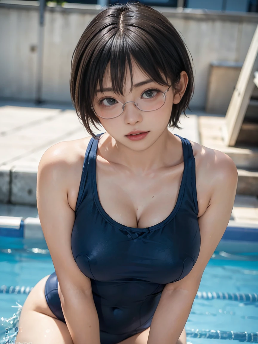 8k, RAW Photos, Highest quality, masterpiece, Realistic, Realistic, (1 Ultimate beauty), Wearing an old-fashioned swimsuit,(Strictly adhere to a composition where only one person appears in the photo)、(At the school pool)(Lying face down)((Front open pocket))(Wear rimless glasses)((high school girl)) (((Wearing a navy blue school swimsuit)))Highly detailed face, (Perfect Teeth), fine grain, double eyelid, eyelash, Lip details, (((Black short bob hair), (((Very large breasts)))Big Breasts,(((Lean back and lift your upper body.)))(((Accentuate your cleavage)))(((Swimming practice)))(((Accentuate your butt)))((Sexy pose))(((Random Pause)))Cowboy Shot,  Soft Light, ((Written boundary depth)) 
Proceed with caution，((Japanese women)), (((moderately fleshy body, Tight waist))), (((Photograph the whole body, Realistic))