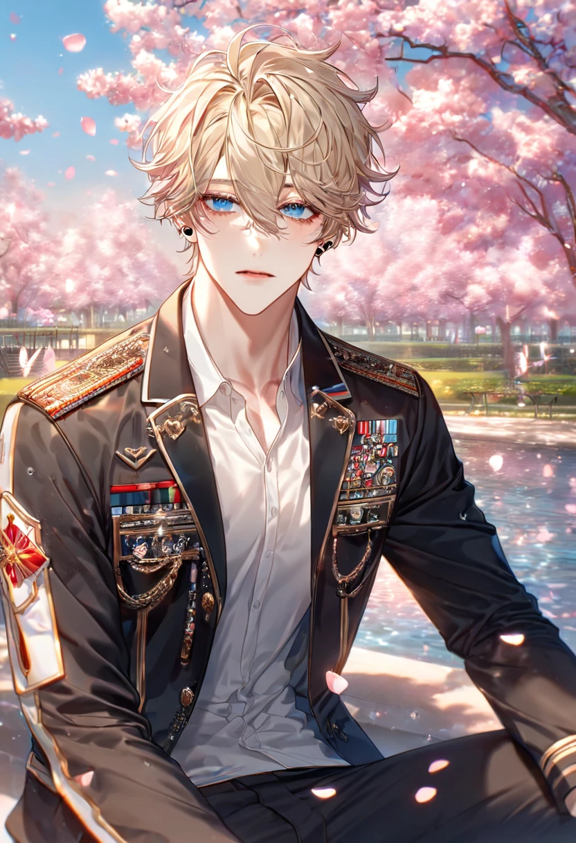 absurdres, highres, ultra detailed, HDR, master piece, best quality, extremely detailed face, delicated features, Lim Haegyung, ash-blonde hair, hair between the eyes, messy hair, expressive blue eyes, Love Jinx, solo, sexy man sitting, handsome, sensual, uniform, black jacket, white shirt, black pants, black piercings, cherry blossoms, pink flowers, pink butterflies, pink petals, water, park