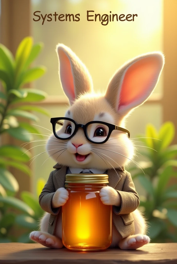 Cute and happy bunny wearing a suit and glasses, plus he's hugging a jar of honey , The image above should say systems engineer 