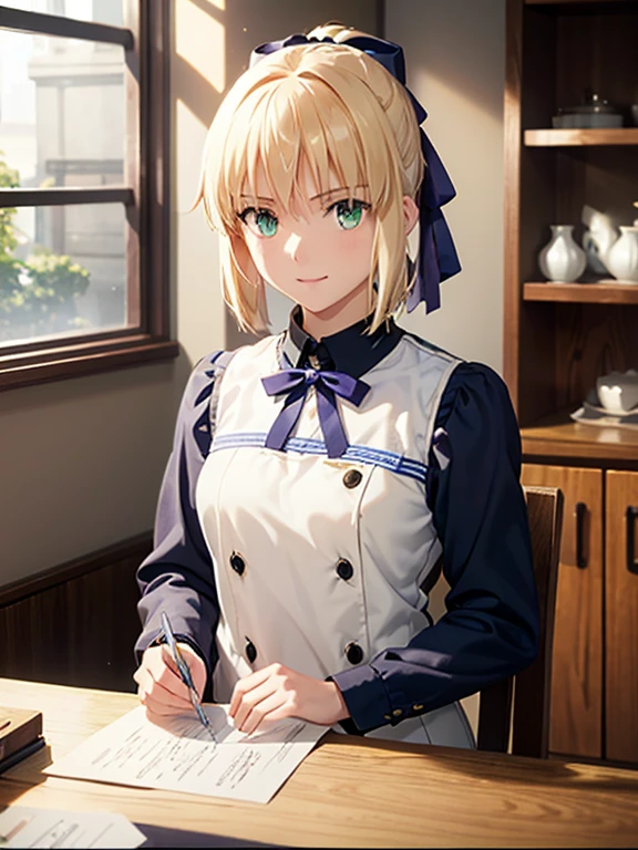 masterpiece, beautiful detail, beautiful light and shadow,Beautiful Anime Woman, Beautiful art style, Anime characters,1girl, ((((solo)))),saber,blonde hair, short hair, hair ribbon, LAWSONU, employee uniform, uniform, 
konbini, scenery, shop, indoors,smile,happy, close-up