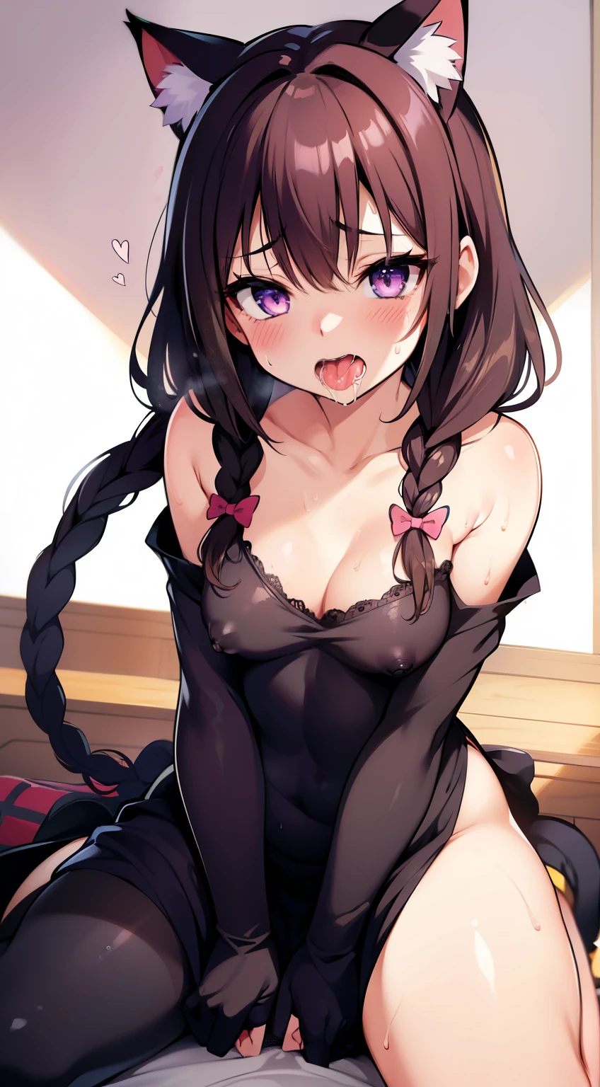 1girl in, Naked, Animal ears, Purple eyes, Brown hair, Wings, Solo, Long hair, blush, Cat ears, Flowers, Looking at Viewer, Braids, the bow, slutty dress, sheer dress, pink flowers, the bow, Hair Accessories, Bangs, Cats, Hair Flower, Animal ear hair, Holding, Virtual Youtuber, blue bow, holding animal, catwoman, stuffed toy, bare nipples, (((orgasm face, ahegao, sweat)))