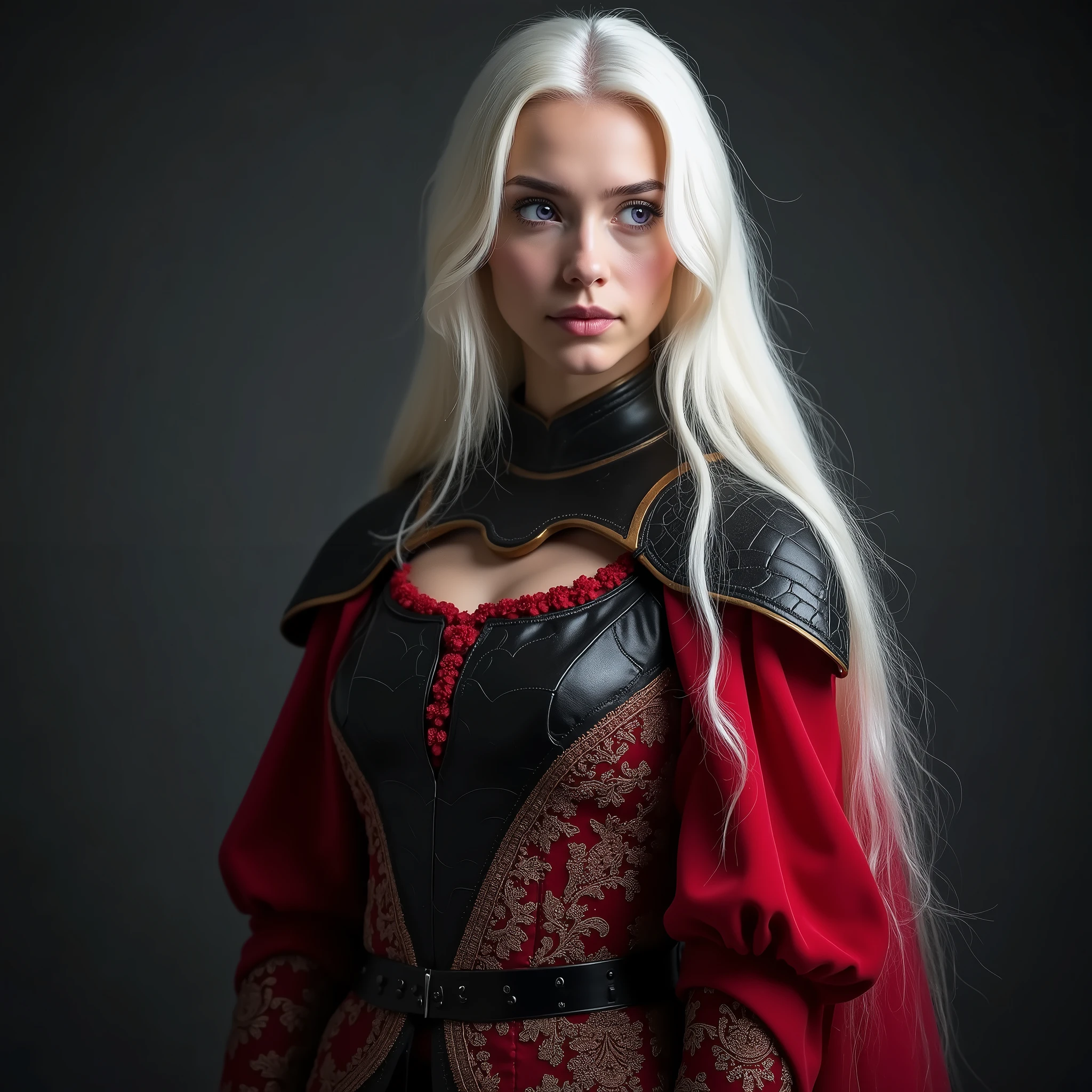 A closeup portrait of a Targaryen lady with huge breasts wearing a black dress with chest armor with dragon motif, red cape, with long white tied up braided hair to the side, ((purple eyes)), seductive face, dark grey photo studio background, no makeup, pale white skin.