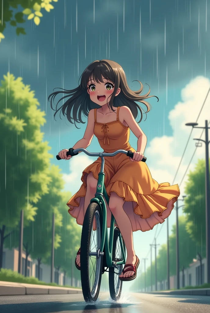 beautifully detailed (face, lips, thigh): 1.37, Summer, thunder clouds, rain, girl riding a bicycle:1.5, intricate detailed bicycle, smooth hair, gentle smile, turning around, vibrant ruffles pretty sundress, joyfull expression, half open mouth, wet hair and clothes, dynamic angle, Japanese anime style, nostalgic setting