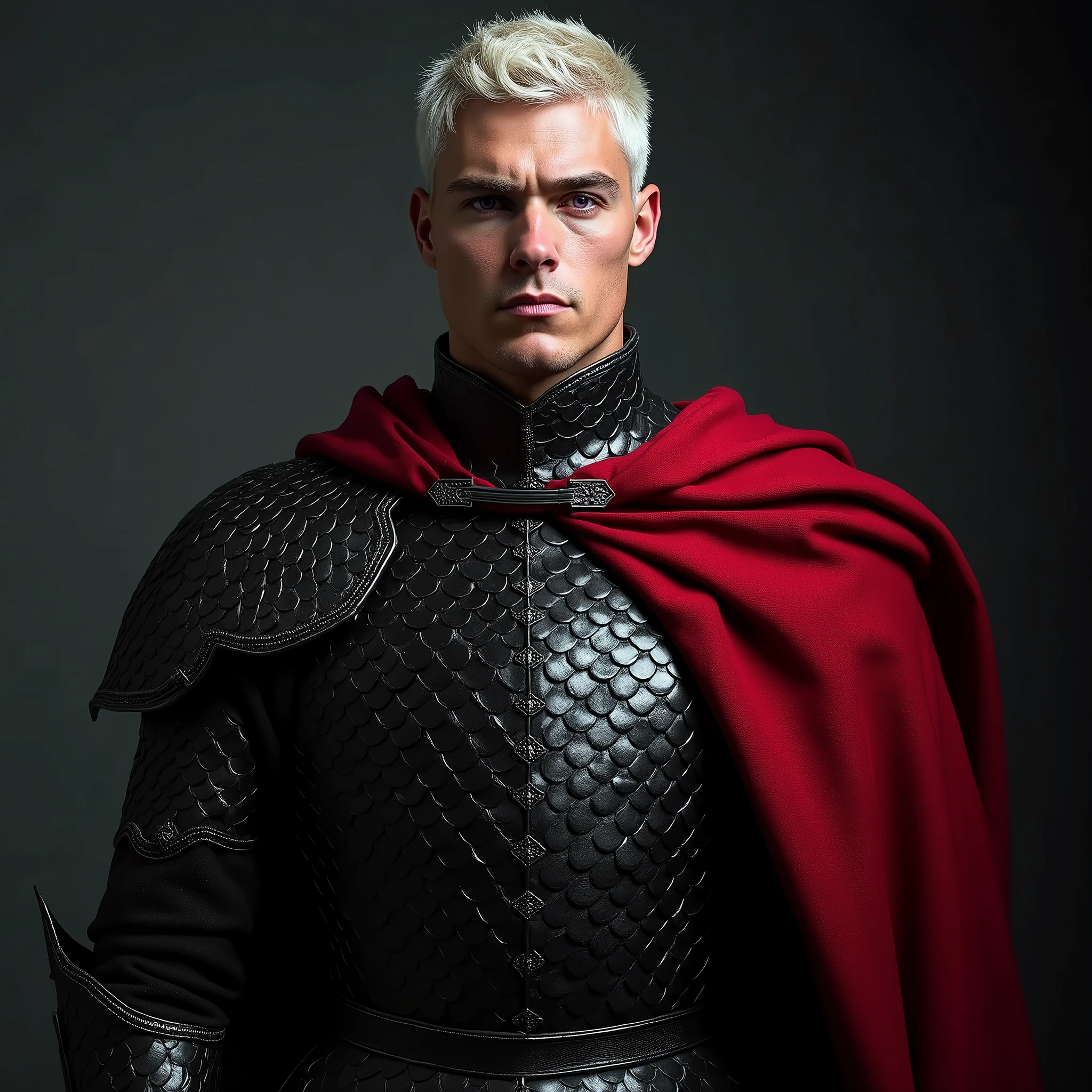 A closeup portrait of a tall male prince in his mid 20s wearing a black dragonscale armor and red cape, with short white hair, broad shoulders, purple eyes, pale skin, serious face, dark grey photo studio background.