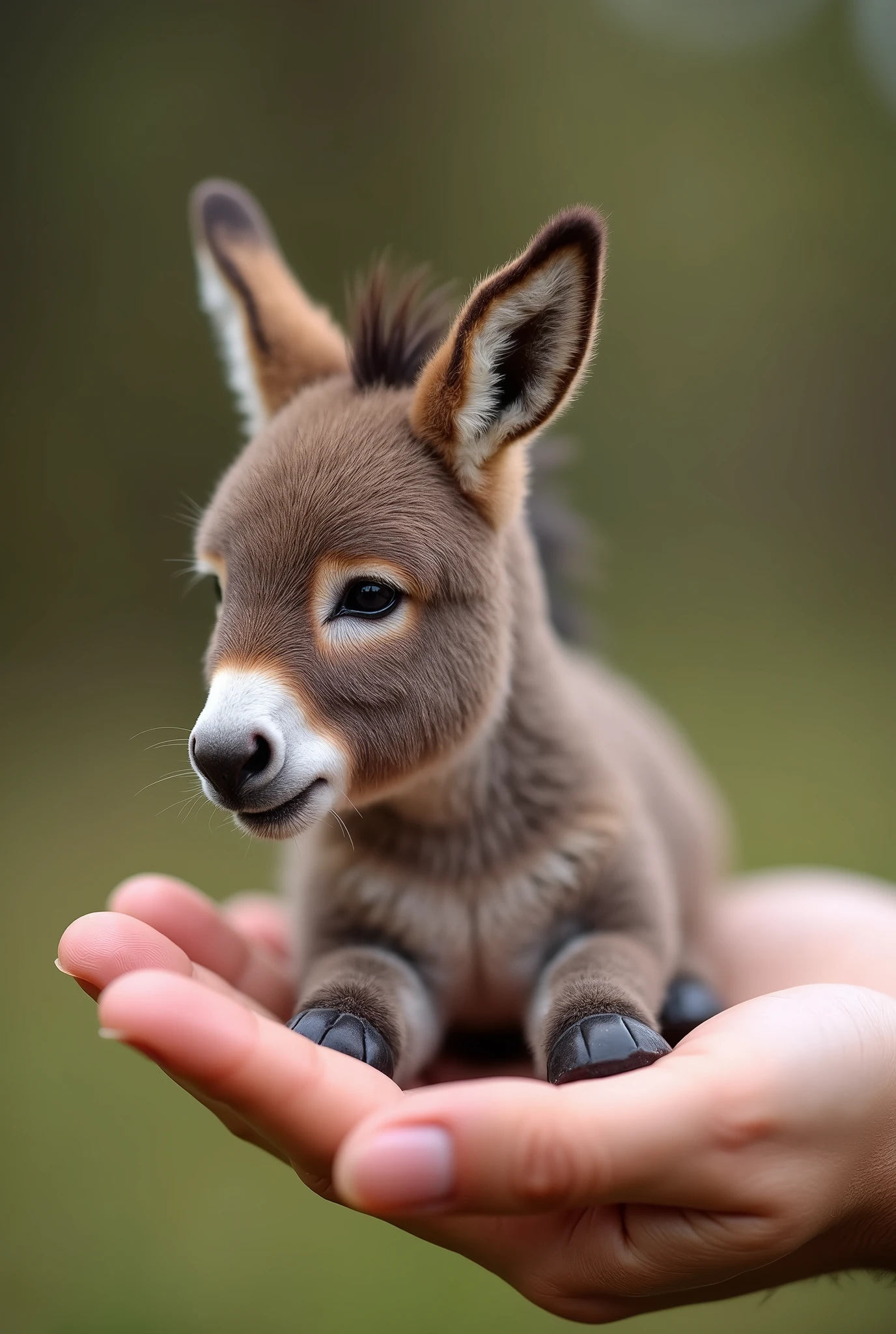 ((masterpiece,best quality,)),close up,cute little donkey in the palm,On the child's palm