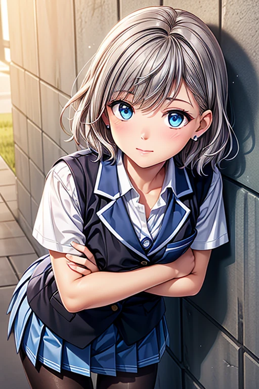 #Basic
A girl posing for a photo, (((One Girl))), (((:1.4)) + ((cute:1.4)) + ((15 years ak
#Clothing Accessories
((school uniform)) : ((Blue student blazer:1.2)) + ((Blue student vest)) + White dress shirt + ((Blue pleated skirt)) + ((Black Pantyhose:1.4)), (Brown Loafers),
(Red Gem Earrings),
break
#Features
((Silver Hair:1.2)) + ((Bangs covering one eye + Very long side bangs)) + ((Very Short Hair:1.4 : Very short hair:1.8 + Voluminous Hair + Wavy Hair)),
((Droopy eyes:1.4, Big eyes:1.2), blue eyes), (Small breasts:1.2), (中立的な顔のFeatures),
break
#background environment
((noon + Behind the school building:1.4, blue sky)),
#Facial Expression Pose
((Wicked Smile)), (((Leaning against a wall:1.8)), (Fold your arms under your chest:1.4)),
#composition
((looking away:1.4)),
break
#Body parts elements
(Slim figure),
(Symmetrical facial features),
(Detailed Hair, Beautiful Hair, Shiny Hair),
(double eyelid, Long eyelashes, Thin eyebrows:0.5, Thin eyebrows:0.5),
(Expression of fine eyes, Beautiful and delicate eyes, Sparkling eyes, Eye Reflexes, Glitter Eyeliner),
(Human Ear),
(Beautiful Nose, Thin Nose),
(Glossy Lips, Beautiful Lips, Thick lips),
(Detailed skin, Textured skin, Beautiful Skin, Oily skin),
break
#quality
(((最高quality)), ((masterpiece:1.3)), ((Very detailed))), ((Ultra-high resolution)), ((16K)), ((1080P)), ((Full HD)),
((Anatomically correct)), ((Realistic)), (3DCG), ((Oil painting)),
((comics, anime)), (CG illustration), (RAW Photos),