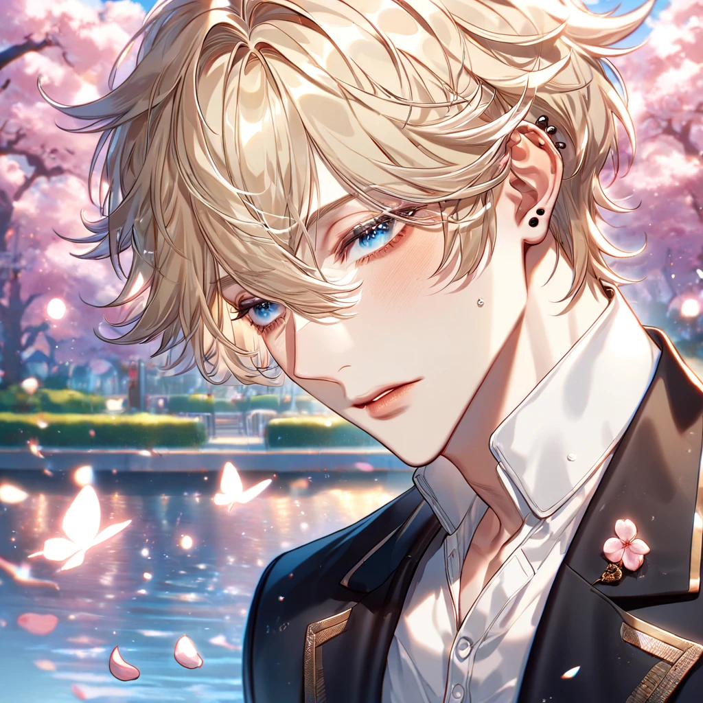 absurdres, highres, ultra detailed, HDR, master piece, best quality, extremely detailed face, delicated features, Lim Haegyung, ash-blonde hair, hair between the eyes, messy hair, expressive blue eyes, Love Jinx, solo, sexy man, handsome, sensual, uniform, black jacket, white shirt, black piercings, cherry blossoms, pink flowers, pink butterflies, pink petals, water, park