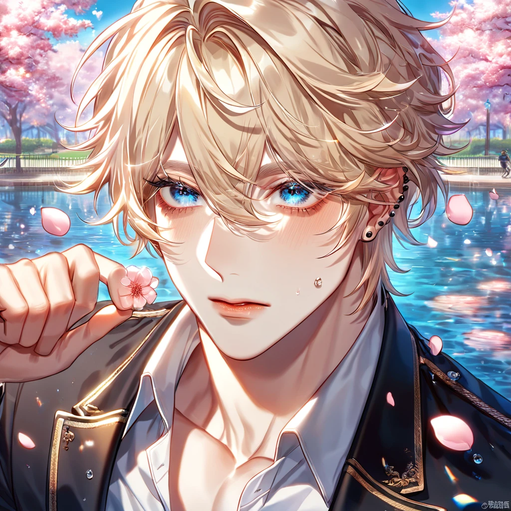 absurdres, highres, ultra detailed, HDR, master piece, best quality, extremely detailed face, delicated features, Lim Haegyung, ash-blonde hair, hair between the eyes, messy hair, expressive blue eyes, Love Jinx, solo, sexy man, handsome, sensual, uniform, black jacket, white shirt, black piercings, cherry blossoms, pink flowers, pink butterflies, pink petals, water, park