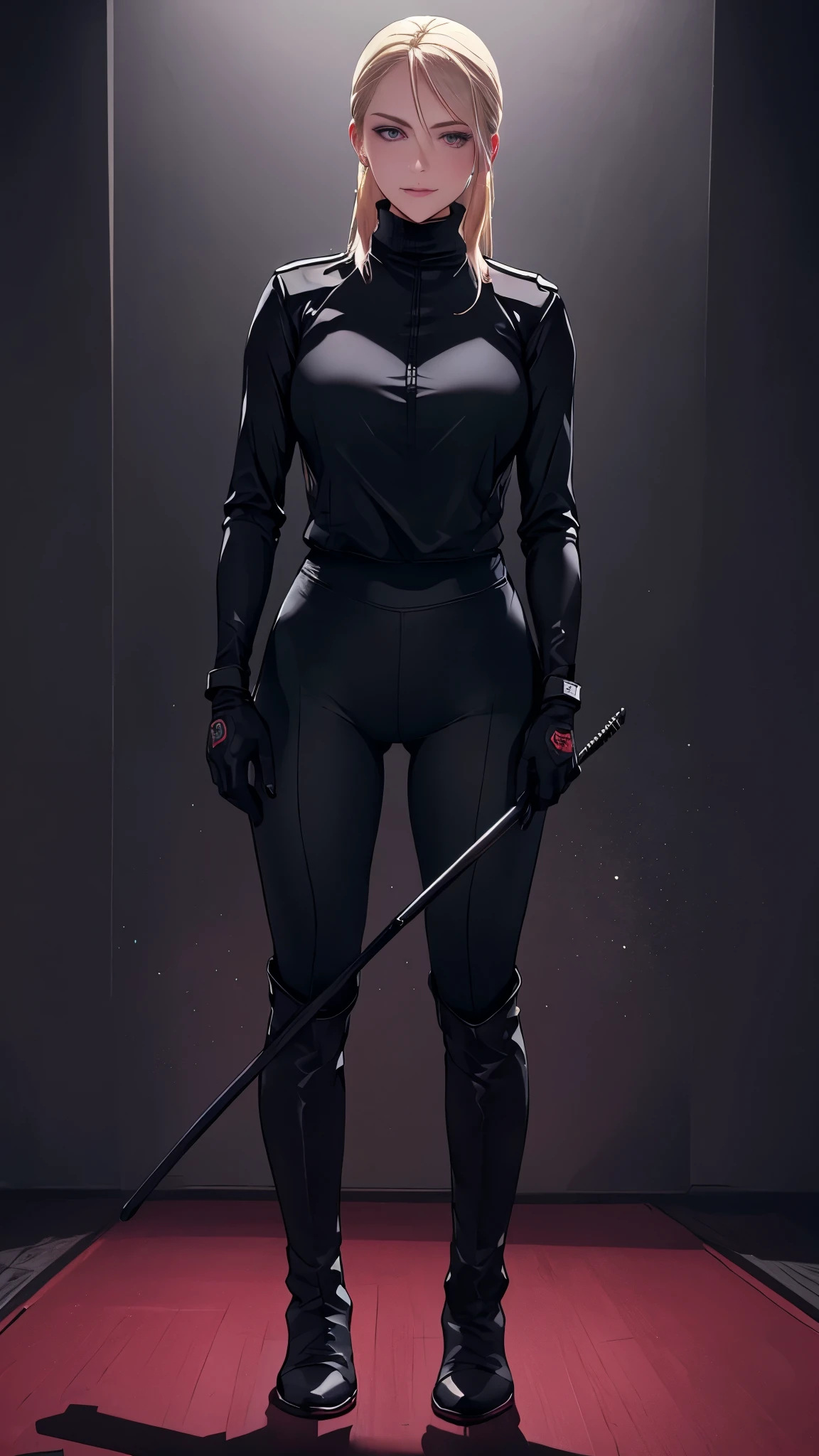 (highest resolution, distinct_image) best quality, a woman, solo, masterpiece, highly detailed, semi realistic, blonde hair, bangs, 18 years old, mature, young, tall strong, uniform, military uniform( large indoor background), cold, serious, tall, handsome, autocratic, powerful, exquisite facial features, exquisite facial features, (full body)(black knee-high boots:1.4)(dominatrix:0.3)( Yoga pants:1.3),(gloves:1.5)(long sleeves),(active sportswear shirt),solo,1girl,(looking at viewer),(from below:0.9)(head turned upwards:0.3)(smiling:0.4)(bodysuit:0.3)(holding short riding crop:1.2)(muscular:0.8)(shirt tucked in pants:1.1),(parquet flooring)(standing on floor)(pretty eyes)(staring)(yandere), white hair, superior smirk, smiling, devious, anime look, detailed drawing, manga, illustration , pink eyes, superior, smug, organized, from_below