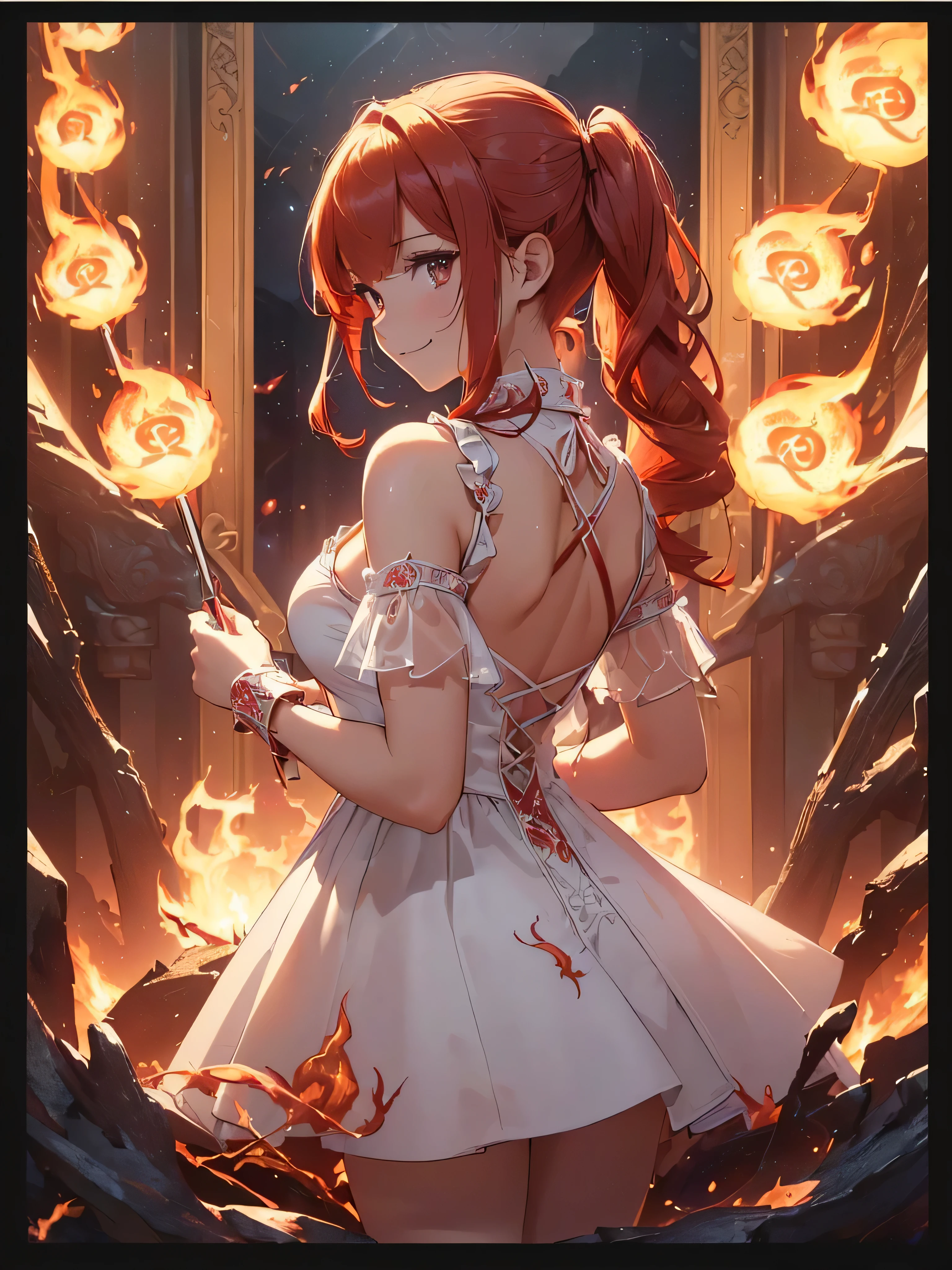 (((best quality, sharp image, clear image, cinematic lighting, 8k resolution, masterpiece, ultra detailed, intricate))) Girl, (((looking over right shoulder))), (shot from behind), ((half shot)), fiery red hair, pigtails, ((white dress)), ((flaming sigils, flaming runes)), spiky rock formations, (flaming lotus flowers frame), (intricate background), ((Phoenix)), (swirling flames), smiling