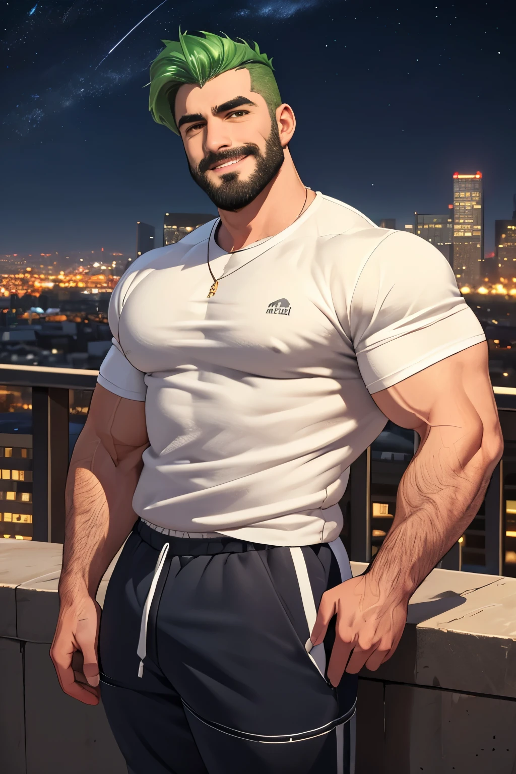 green hair ,white handsome man, 30 years old, (wearing blue sweatpants), hairy, stubble beard, robust, hunky, stocky, casual pose, detailed, masculine, daddy,  terrace, city ​​in the background, starry night,smiling  (best quality, 4k, 8k, high resolution, masterpiece: 1.2), detailed facial features