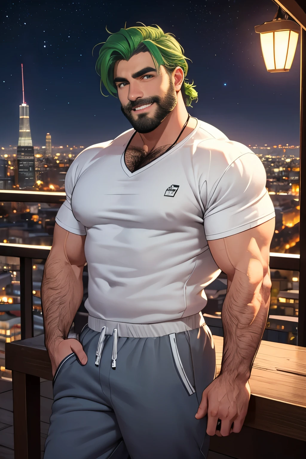 green hair ,white handsome man, 30 years old, (wearing blue sweatpants), hairy, stubble beard, robust, hunky, stocky, casual pose, detailed, masculine, daddy,  terrace, city ​​in the background, starry night,smiling  (best quality, 4k, 8k, high resolution, masterpiece: 1.2), detailed facial features