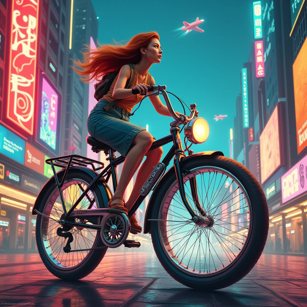 Riding a Bicycle, Retrofuturism painting art style, nostalgic composition, combines retro aesthetics with futuristic elements, (best quality, masterpiece, photorealistic), very aesthetic, perfect composition, intricate details, ultra-detailed, vivid colors