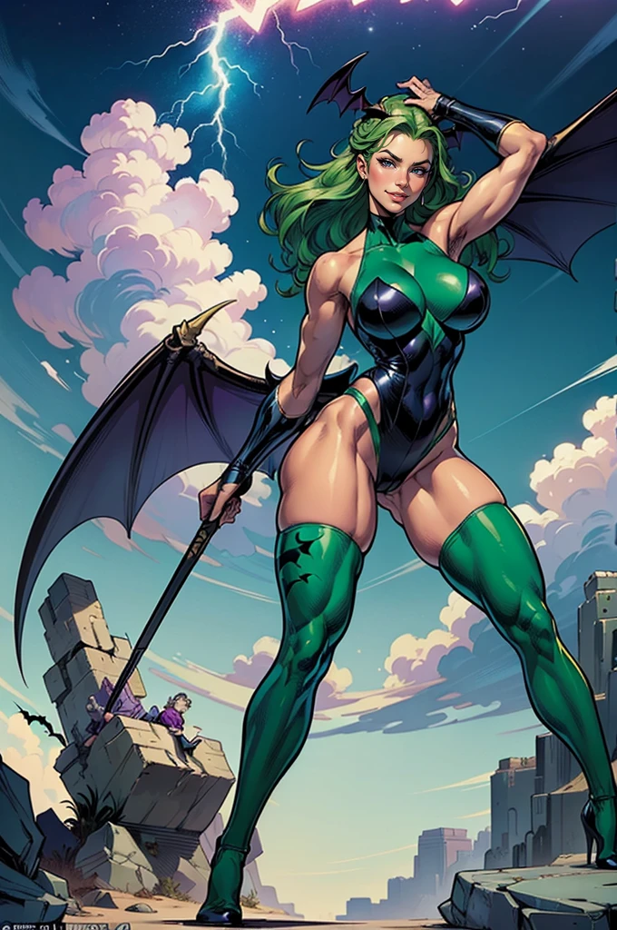 Unmatched masterpiece, ultra realista 8k CG, perfect work of art, (1girl: 1.1), 独奏, ((perfect female figure)), full body character looking at viewer, there are clouds with lightning and stones in the background, mature woman, Bimbo (Morrigan Aesland with full-body, Long green hair with bat wings on the head, purple tights with bat designs , (burlas), best qualityer:1.1, Dynamic Heroic Pose, she has hands with lightning powers, pose sexy, seductiv, (pretty), (curvilinear), (big), hair green, (greeneyes :1.2), , J. Scott Campbell, invisible woman, J. Scott Campbell, comic book character, comic book art, comics style art, turned legs, fit, (bountiful breasts:1.3, (big_breasts: 1.1), Broad Hips: 1.5, narrow waisted, Waist slender: 1.5, slenderbody: 1.2, coxas bigs: 1.he's brilliant: 1.2), (hdr), (Street: 1.2), film Nikon D850 photography Kodak Portra Lens f1.400 camera 6, rich colors, realistic texture, lighting dramatic, unreal mechanism, trending on ArtStation, of Gerald Brom, de Frank Frazetta, by Luis Royo, the Julie Bell, de Boris ValleJo