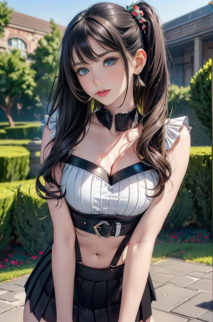 22 years old, (milf:0.8), (solo:1.5), (sfw:1.25), cute breast, beautiful breasts, medium ,black suspenders,(Bulging ,big breasts:1.1),(Black miniskirt:1.3),garters,Gaze,Small face,bangss,holster,Belt Armament,Beautuful Women, thin waist, big ass:1.0, Raised sexy, (dark green mediumlong hair,side ponytail,hair between eyes,bangs, dark blue eyes, light smile, big , Revimpling fabric, earrings, Hand gloves, detailed face,(smoking:1.3),detailed and beautiful eyes,beautiful detailed lips,Rolling her eyes,manner,(ultra high resolution, 8K RAW photo, photo realistics, thin outline:1.3, clear focus), best qualtiy, natural lighting, textile shading, field depth (Bright pupils, fine detailed beautiful eyes with highlight:1.3, high detailed face), Red lip, fine realistic skins:1.1, looking down viewers:1.3, (dynamic angle:1.3, front view:1.1, breast focus:1.3, from below:1.2), (dynamic posing:1.5, sexy posing:1.2, leaning forward),Youghal, side lock, hair ornaments, hair band,nice,garden background,artistic rendering,Super detailed,(highest quality,4k,8K,High resolution,masterpiece:1.2),Bright colors,studio lighting ,in usa military base,