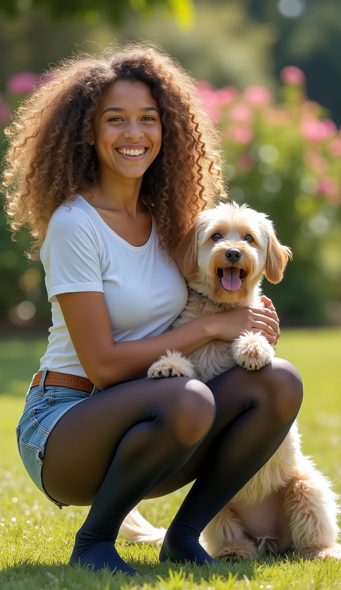 Show entire body, feet in view, Māori teen , dirty blonde curly hair, huge breasts, crop top t-shirt, short skirt, exposed cleavage, wearing sheer navy blue pantyhose, the waistband of her pantyhose covers her bellybutton, pretty feet, The ultra -The high-definition, squatting, taking a selfie with her dog