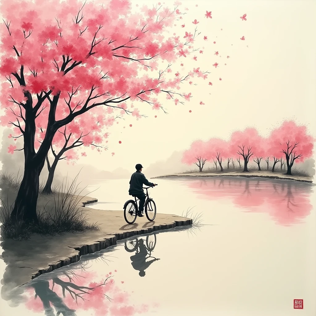 Riding a Bicycle, Sumi-e painting style, traditional Japanese ink wash painting, emphasizes simplicity and elegance, expressive brushwork, captures the essence of the subject with minimal strokes, meditative and reflective, (best quality, masterpiece, photorealistic), very aesthetic, perfect composition, intricate details, ultra-detailed, vivid colors