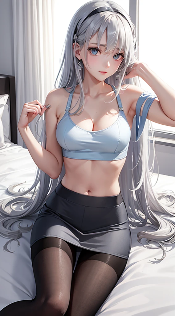 Character Details:, - Gender: 1 Girl.
- Style: Anime, - Body Type: Attractive body, nice body, nice legs, slim tights, nice arms, nice shoulders. - Breast: (Cleavage, small Breast:1.2)- Facial Feature: Beautiful, Gorgeous, ager, Fresh, Young.
- Expression: Small smile, shy Look, (blue pink gradient eyes). - Hairstyle: Blunt Bangs. - Hair Color: (White Grey Hair:1.5), (Straight and Wavy Long Hair:1.3),
- Clothing: (cardigan shirt) (Laced black bra) (skirt) (Stocking.). - Body Pose: (lying on bed:1.3). - Behaviour: Waiting, Want Something, Secretly.
- Accessories: Earrings, Thin Black Headband, Green Accessories, Environmental Details:, - Setting: Bed Room., - Lighting: Natural Light., - Decoration: Modern Bed, Chair, Window, White Curtain, City View. Top view. pov, anime style, UHD, retina, masterpiece, accurate, anatomically correct, textured skin. One Hand on cheek, one hand down.