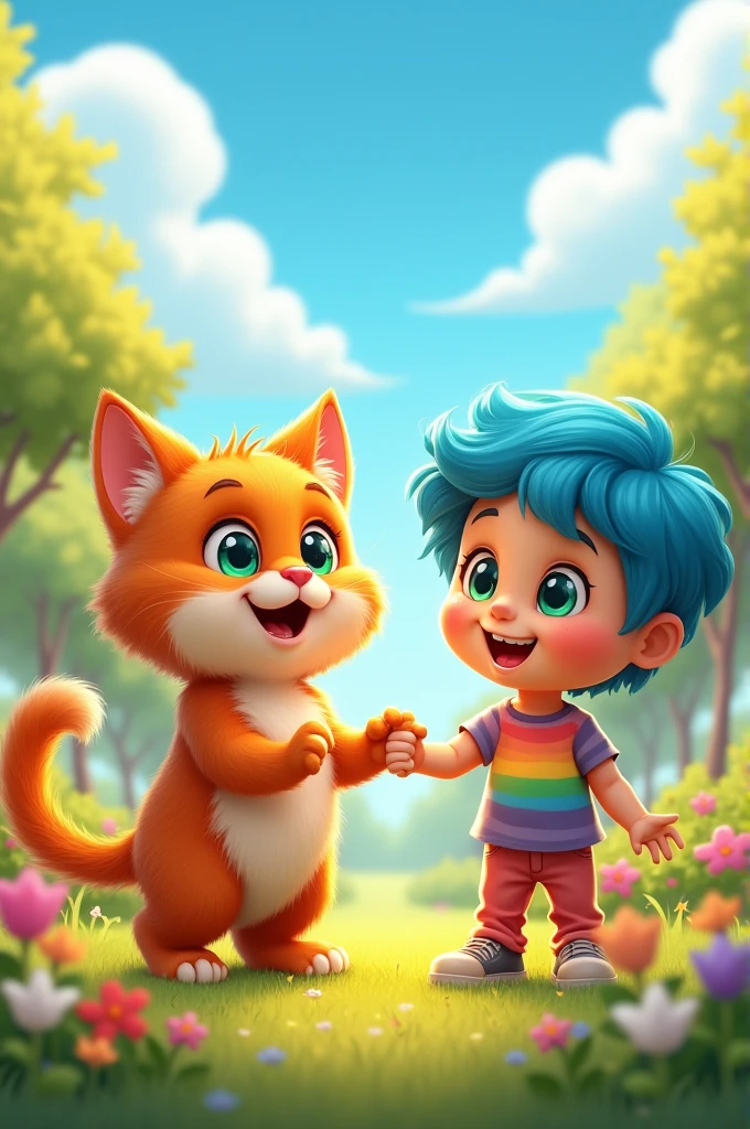 Happy, Nice, cute cat and a child 2D cartoon picture 