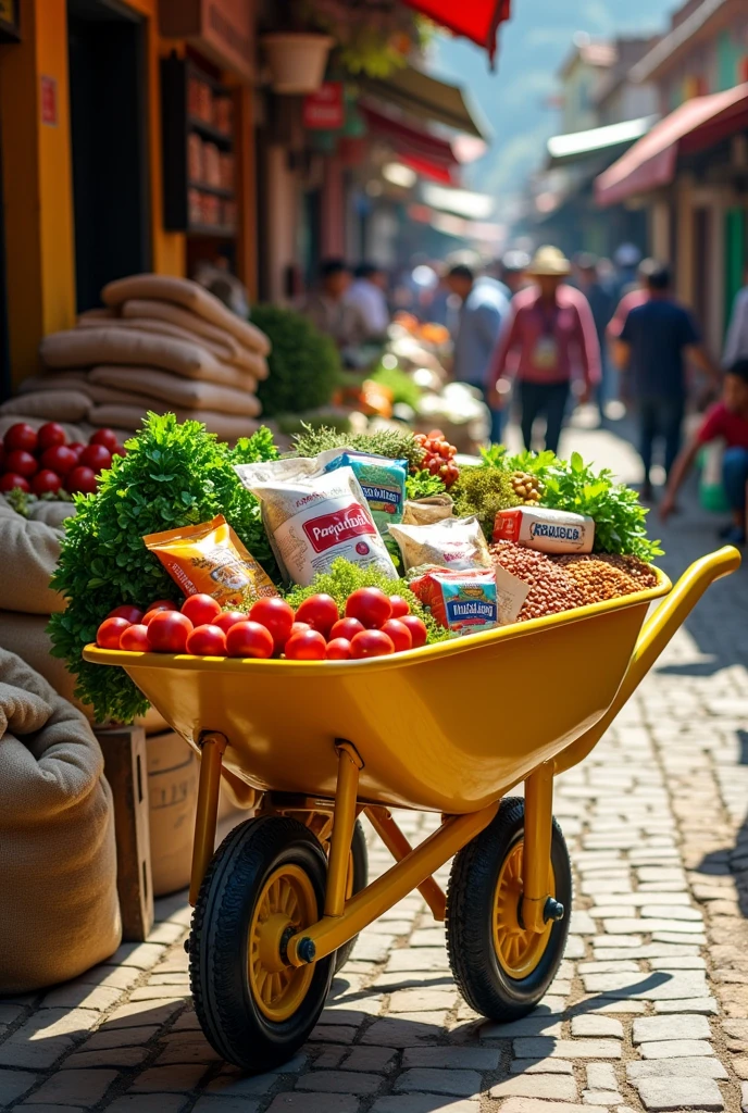 In the image, we want to show a vibrant and lively market inside a typical Colombian buggy wheelbarrow. The wheelbarrow, which is made of metal and is yellow, it is located in a Colombian urban or rural environment.
Wheelbarrow Buggy:
The wheelbarrow debe ser metálica con un diseño tradicional. The structure should be solid and have two large, sturdy wheels.
The painting should be yellow.
Market Inside the Wheelbarrow:
Inside the metal wheelbarrow, There should be few vegetables. also adds things like rice packets, lentils, beans and other grains. products such as panela, cookies, oil, packaged and other supermarket products.
The products should be arranged in a way that shows abundance and freshness.
Environment and Additional Details:
The background can be an open-air market or a typical Colombian street, with other stalls and people interacting.
Make sure to include details like jute bags or baskets, and perhaps some wooden boxes with additional products.
The light should be warm and natural, like daylight in an active market.
Environment:
The scene should convey a sense of dynamism and authenticity, capturing the essence of a Colombian market with its colors, textures and vibrant activities.