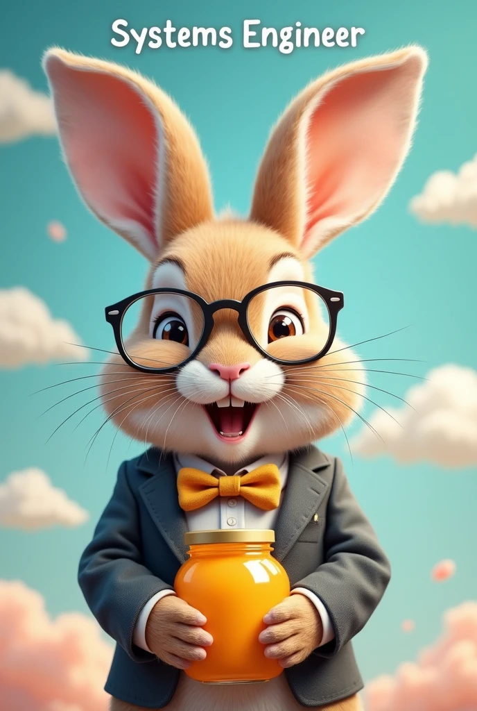 Cute and happy bunny wearing a suit and glasses, plus he's hugging a jar of honey , The image above should say systems engineer 