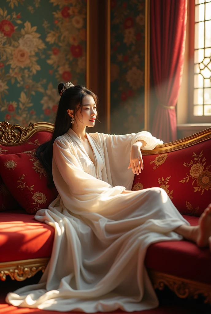 The eldest princess Li Yunrui reclines on the couch,Face full of laziness,Look charming,Wearing only a white jacket,under thin silk,Body curves exposed,There is a hint of youthfulness in the maturity,If the men in the world saw this outfit,,I'm afraid they will all bow down under those bare feet。