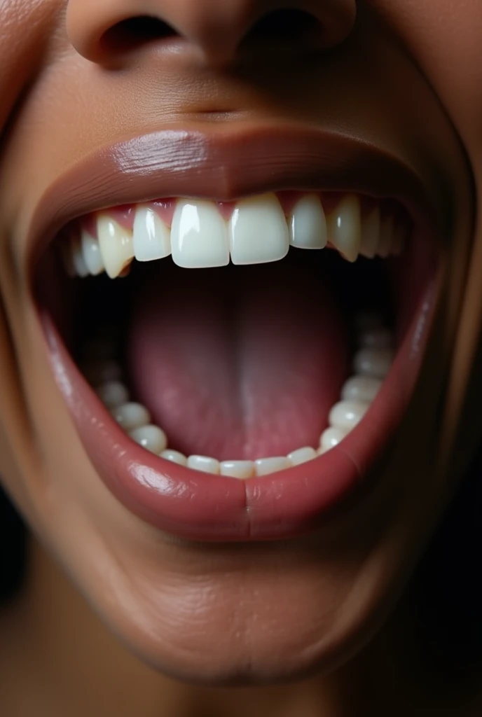 Extreme closeup of a black female mouth, wide open and smiling