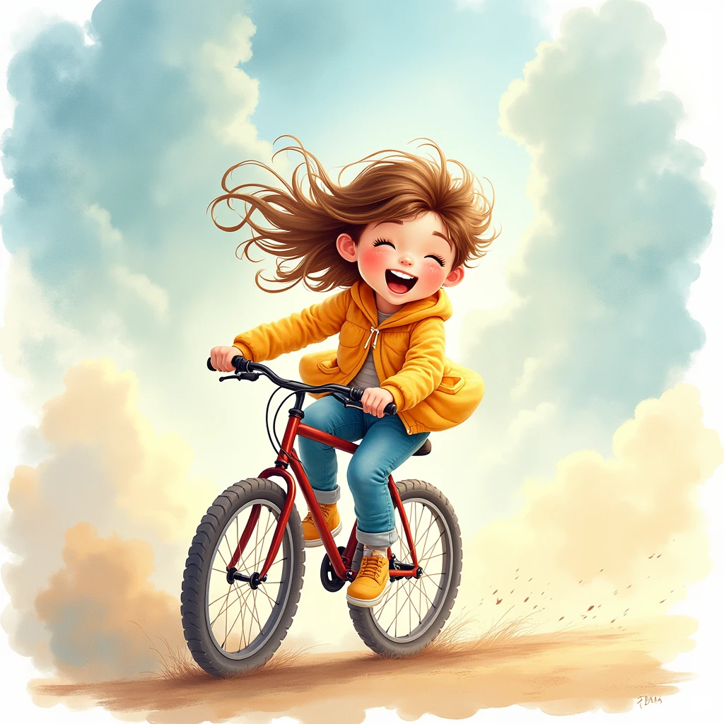 Riding a Bicycle, Cartoon watercolor painting style, playful cartoon character, dynamic composition, whimsical expression, soft and fluid texture, adds charm and personality, subtle gradients and blending, captures light and atmosphere, creates soft and dreamy scenes, watercolor texture, (best quality, masterpiece, photorealistic), very aesthetic, perfect composition, intricate details, ultra-detailed, vivid colors