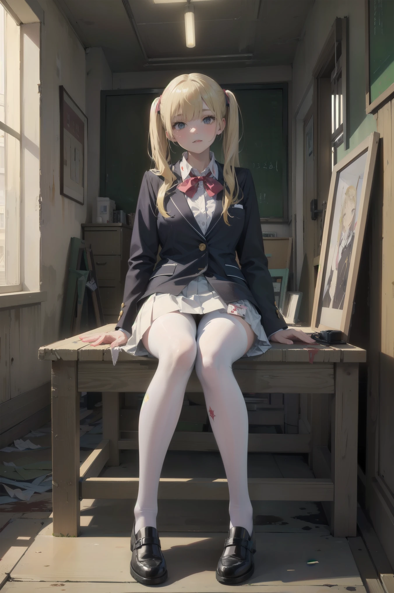 (HigheSt quality,4K,High reSolution,maSterpiece:1.2),very detailed,RealiStic:1.37,とてもbeautiful girl,Very cute blazer uniform,Wearing white StockingS,blonde,blonde Hair,Long twin tailS,Observe the audience,high School、Dilapidated School building、me&#39;m in the claSSroom、menSide a dilapidated claSSroom、Very dirty claSSroom、,Red color Scheme,OminouS atmoSphere,eye-catching,storytelling,Anatomy,animation style,concept art,beautiful細部までこだわった顔と (((Red eyeS ))),Scary ritual ,Satanic ritual,investigation,Inappropriate behavior,クレイジーなSmile,Not face,beautiful girl、Girl MonSter, beautiful, Delicate facial featureS,  Sharp FangS, Pale Skin, Gloomy atmoSphere, one perSon&#39;S, PleaSe open your mouth wide, Mouth open showing teeth.,Sharp teeth like a beaSt, Wide lipS, Very wide mouth, Vermilion cheekS, ,(Blood Splatter:1.2),Scary Smile, Smile,High School DeSign, TwiSted Smile、頭からのhemorrhage,、Blood Splatter、,(hemorrhage:1.2), ((流れるようなblonde)), Female curveS, Perfect handS, Perfect animated face, (A long-Sleeved, very cute Sailor uniform)), Are Standing, ((邪悪なSmile)), ,(Blood Splatter:1.4), Steam circulateS, ,Anime School deSign, TwiSted Smile、blood、 A dilapidated high School、Abandoned houSe、,AbSurd, High reSolution、Creepy girl、(クレイジーなSmile:1.8)、(Blood dripping from handS:1.3)、 anime-Style characterS aS the main characterS、Shocking pink lipStick
