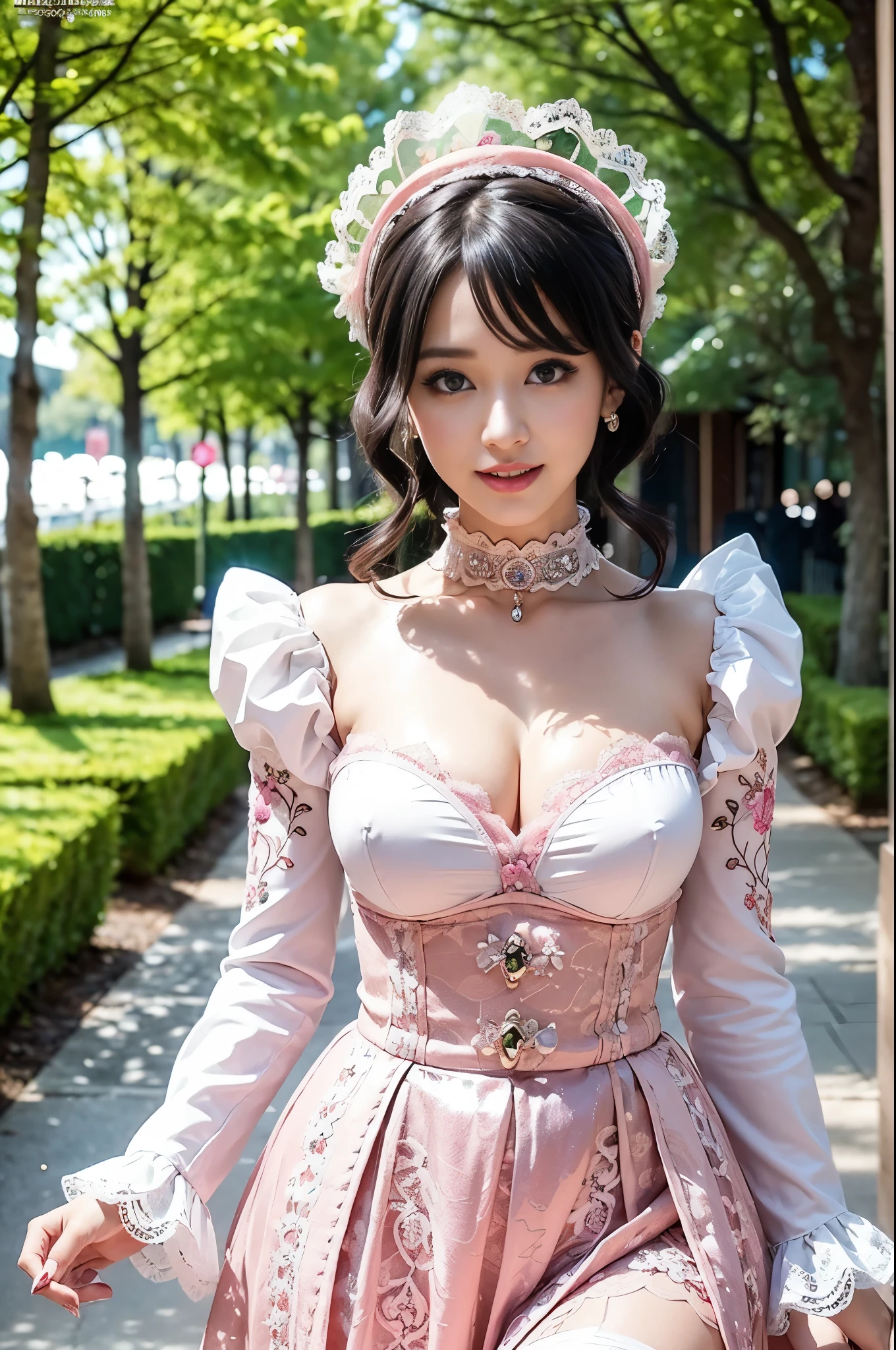 (nsfw), sexy stylish Swedish model, only 1 female, ((doll-like appearance)), short neon pink stylish hair, ((shiny Victorian-Style boots)), (big smile), ultra detailed eyes, vivid eye makeup, lip-gloss, long lashes, defined eyebrows, ((sexy Paradise Kiss cosplay)), bell-shaped skirt, petticoats, high neckline, puffed sleeves, ((ultra detailed lace)), ((ultra detailed embroidery)), intricate details, Paradise Kiss accessoires and matching headpiece, choker, ((large sparkling Paradise Kiss jewelry)), cinematic light, detailed large park background with trees 