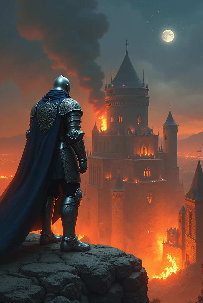 Draw a picture of an ancient city burning fiercely, and a knight in full armor watching it from afar.. Perfect for a fantasy book cover.
