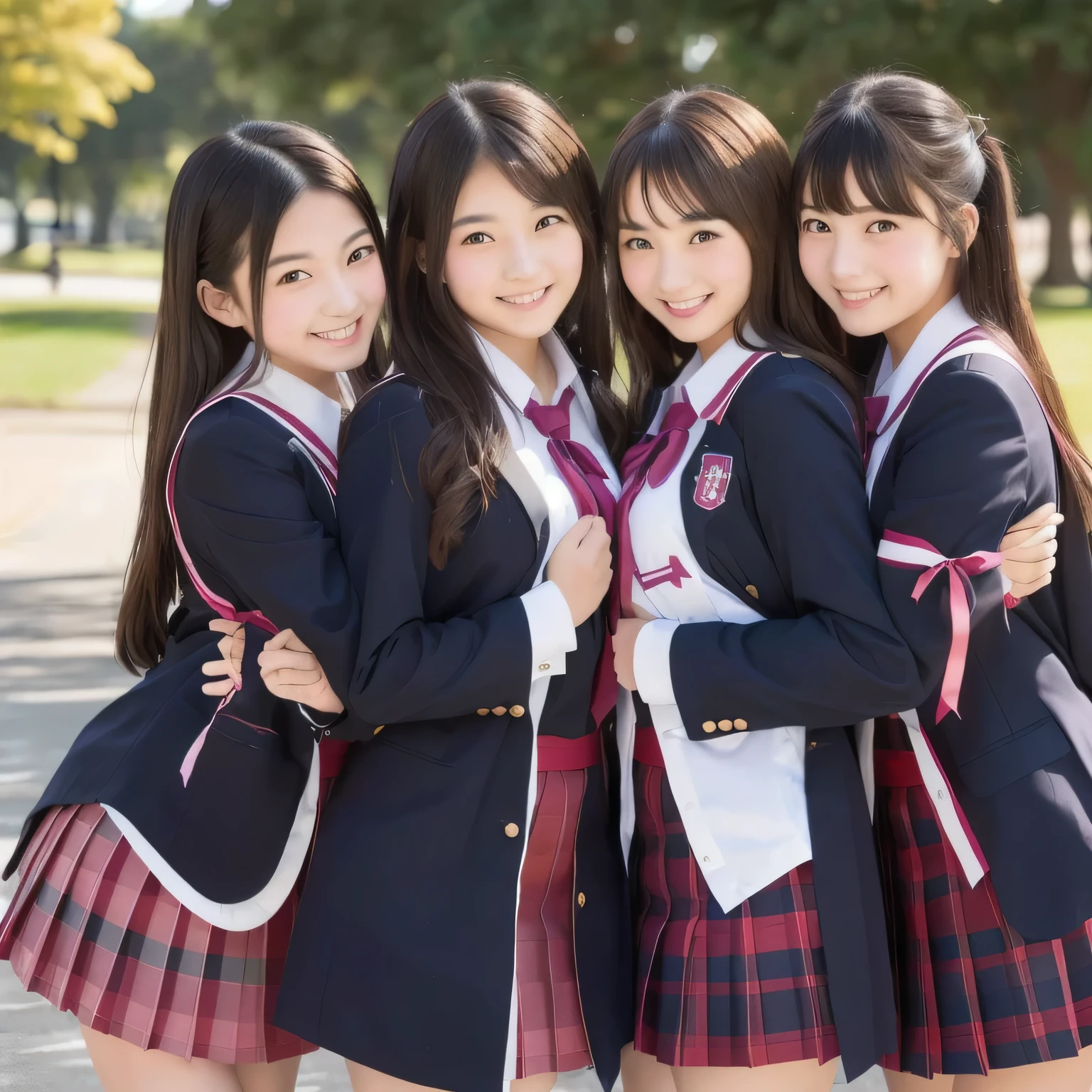Three girls in school uniform taking pictures in the park, Japanese School Uniform, wearing Japanese School Uniform, Japanese girls uniform, seifuku, Wearing uniform, Wear a uniform, high school girl, Japanese High School, JK Uniform, 美しいアニメのhigh school girl, Cute Core, Two Japanese female students posing, Cute people, Young Gravure Idol、The child on the far left has short hair.