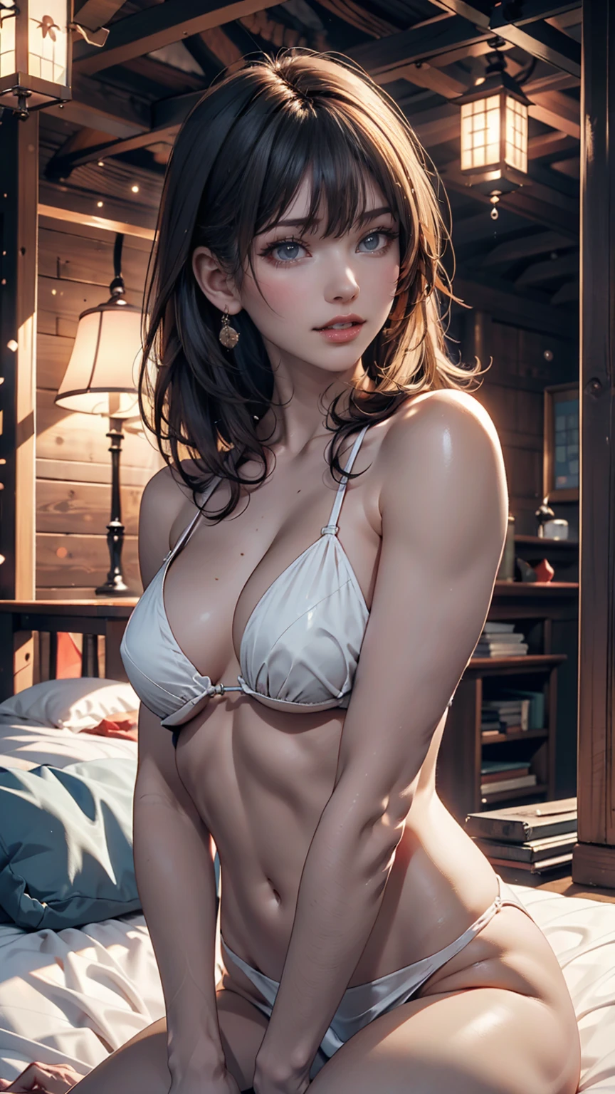 masterpiece, High resolution, figure, Kyoto Animation Style, 君of名は映画スタイル, night, midnight, Gentle light, Fascinating Light, (1 female: 1.3), (alone: 1.4), Long eyelashes, Short Bob, nose_blush, Open_mouth, futon, nude, nude, towel, Chirarizum, dynamic perspective, perspective, Bokeh, depth_of_Field, from_ Under