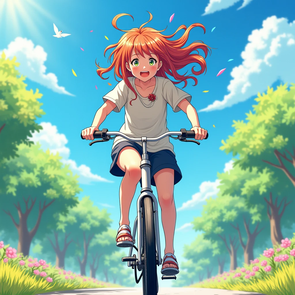 Riding a Bicycle, anime art style, anime digital art, expressive anime art, dynamic composition, anime style, vibrant, studio anime, highly detailed, (best quality, masterpiece, photorealistic), very aesthetic, perfect composition, intricate details, ultra-detailed, vivid colors