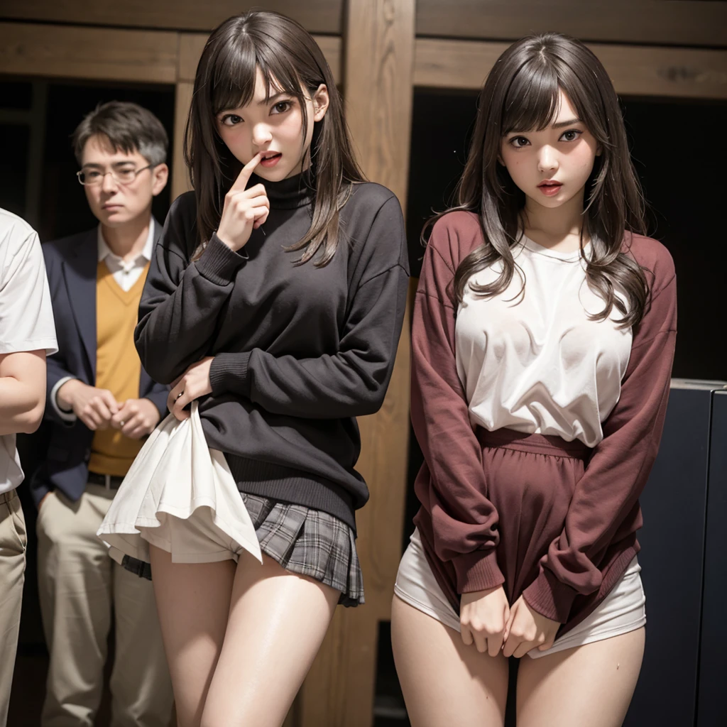 A beautiful and innocent high school girl and a middle-aged man, Changing clothes, Having their clothes taken by viewers, The audience watches the high school girl with curious eyes., The viewers stare at her in surprise and embarrassment.:1.5, Sexy underwear exposed, Beautiful wavy brown medium bob hair, Screaming with her mouth open in shame at being seen:1.3, blush, Body flushed red, Wet with sweat, Increased sensitivity, Beautiful Eyes, Ultra high definition, Slender body, Idol, Japanese, Anatomically correct, nsfw, Cowboy Shot