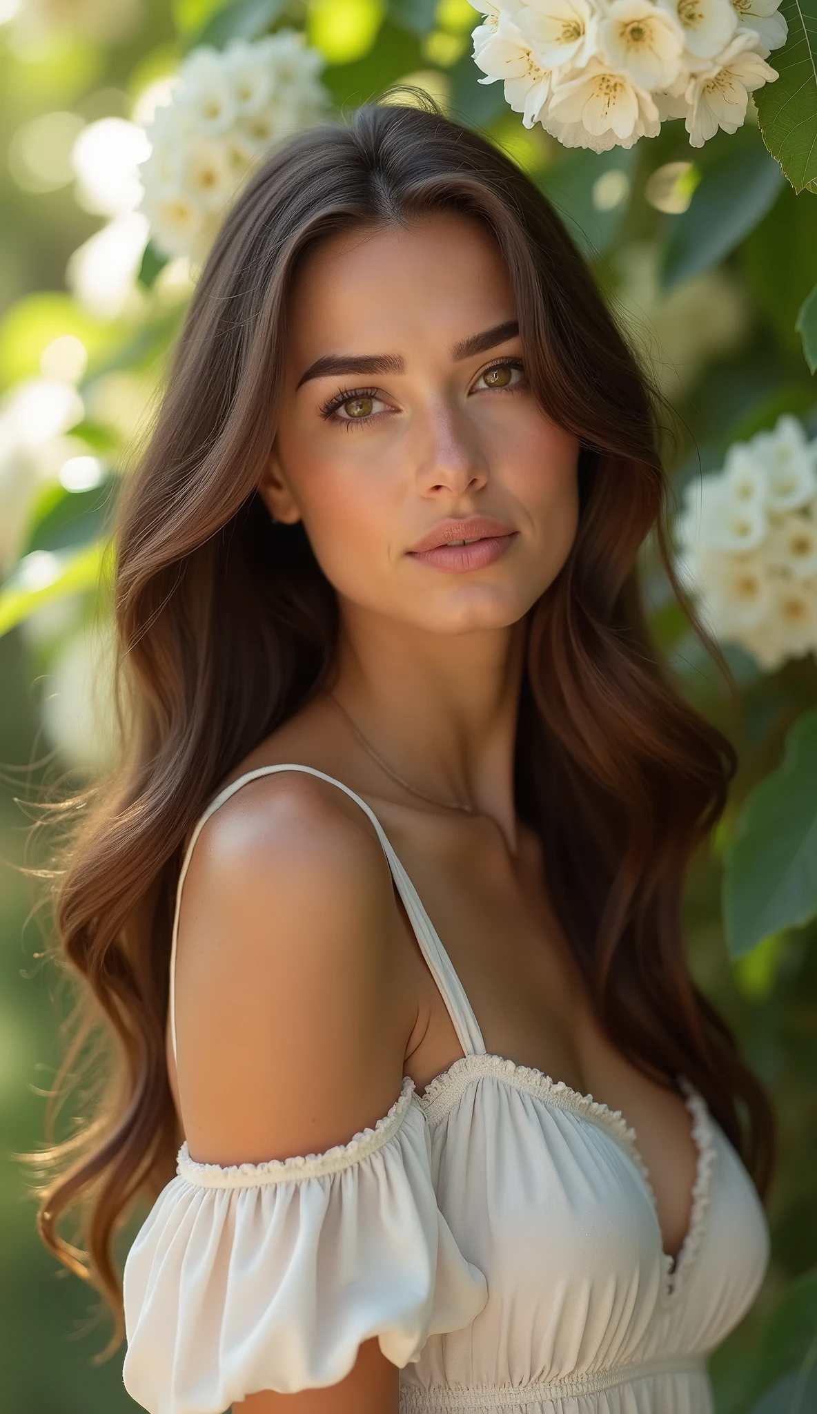 a brunette woman ((smooth hair)) with light brown roots, ((sans maquillage)) luscious lips, pale bronzed skin 