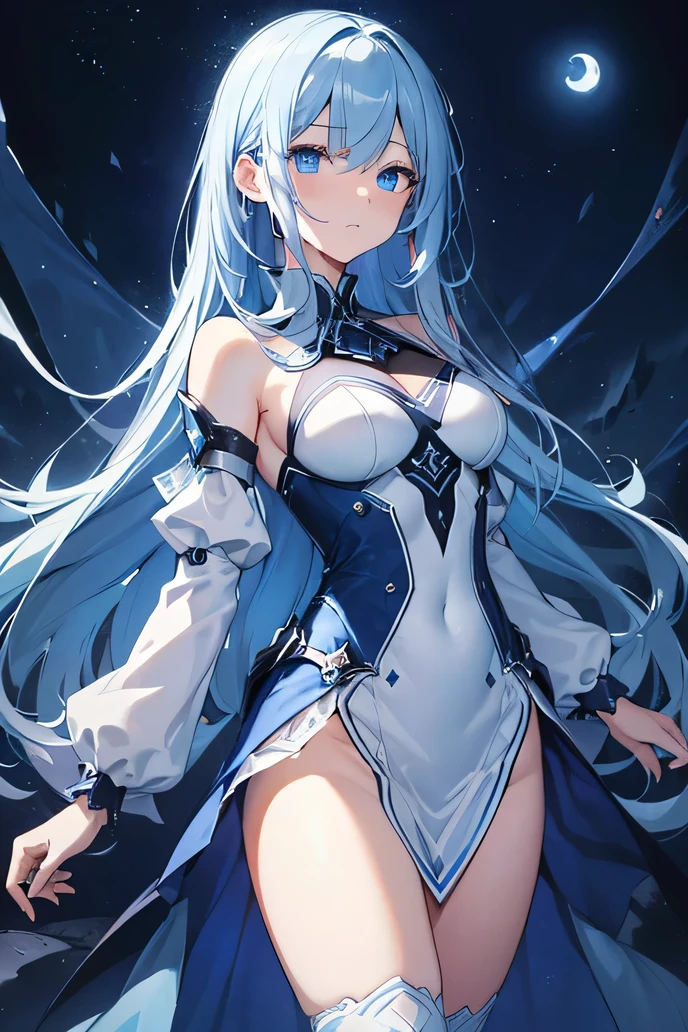 (high resolution, Practical, 4K, Extremely detailed, masterpiece:1.2),1 hermaphrodite girl, , Unisex, Shining blue eyes, Medium-long blue hair, shoulder-length, White Dress, clothes, floating dress, Fleeting, Transparent girl, nihilistic, expressionless, poker face, Dynamic poses, phosphorescence, Magic Aura, Light Particles, Late Night, Blue Moon, moonlight, and Silent, Mysterious background, Dramatic Lighting, Magical atmosphere, Bright colors, Charming beauty, Dark blue inside the clothes