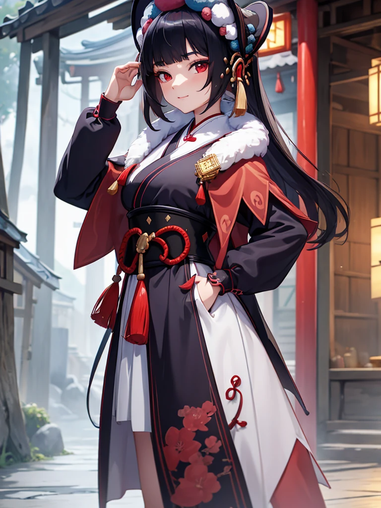  (Yunjin), 1girl, wearing a long Japanese kimono, at a village , black hair and red eyes, 8k, high detailed, high quality