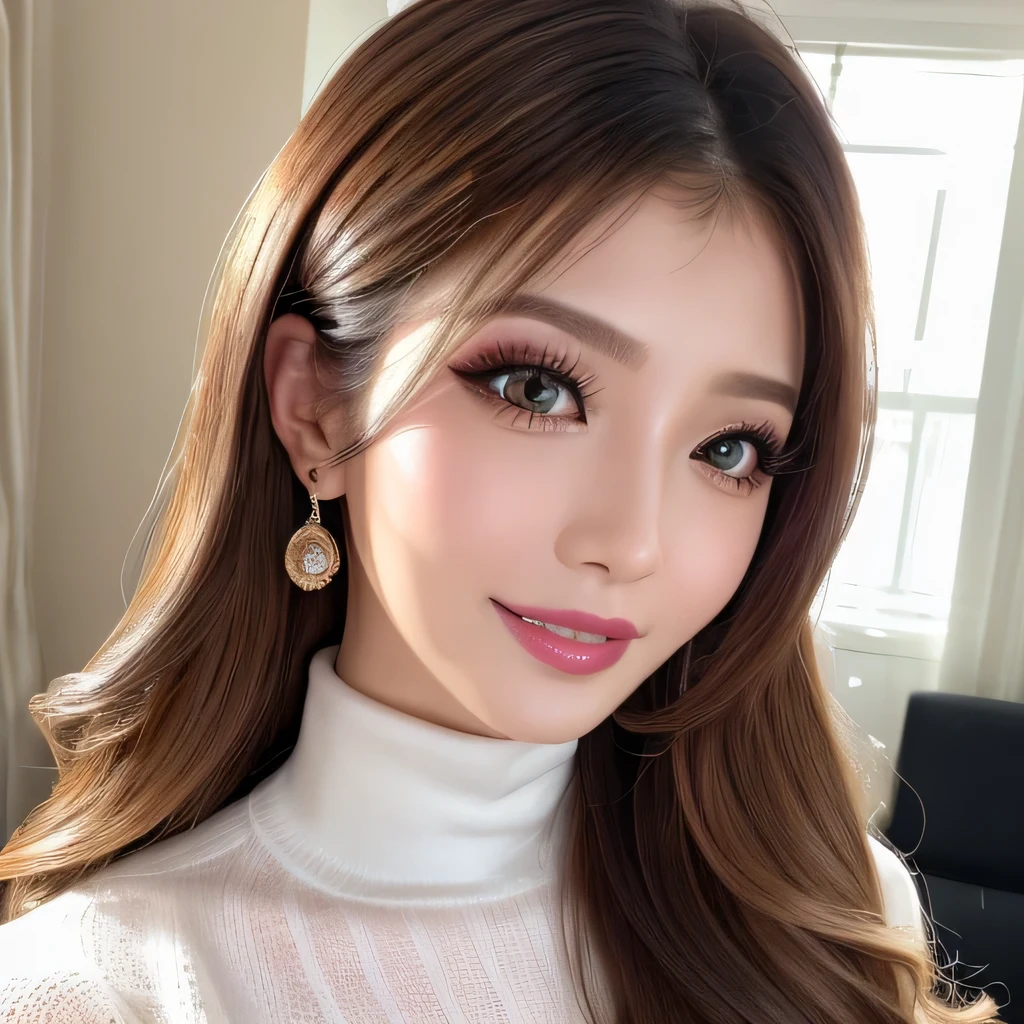 ((highest quality, Tabletop, Ultra-high resolution、The most complex and detailed depiction))、(Very bright lighting:1.1)、(Long Wavy Hair:1.05), (Accurate anatomy:1.1)、Color Contact Lenses、Perfect Makeup、Long eyelashes、lipstick、Highly saturated eyeshadow、Purple Lingerie, Accentuate your body lines、(Big and ample breasts:1.1)、perfect turtleneck knit sweater、blurred background, look at me and smile、Luxury Room、(Face close-up:1.1)、(Ultra-high resolution gloss, Fair skin:1.1)、Ultra-high resolutionの顔、Ultra-high resolutionの髪、Ultra-high resolution sparkling eyes、Ultra-high resolution glossy lips、(very brightly illuminated white skin:1.1)、Beautiful face drawn in every detail、Ultra-high resolution perfect beautiful teeth、(very bright and vivid:1.1)