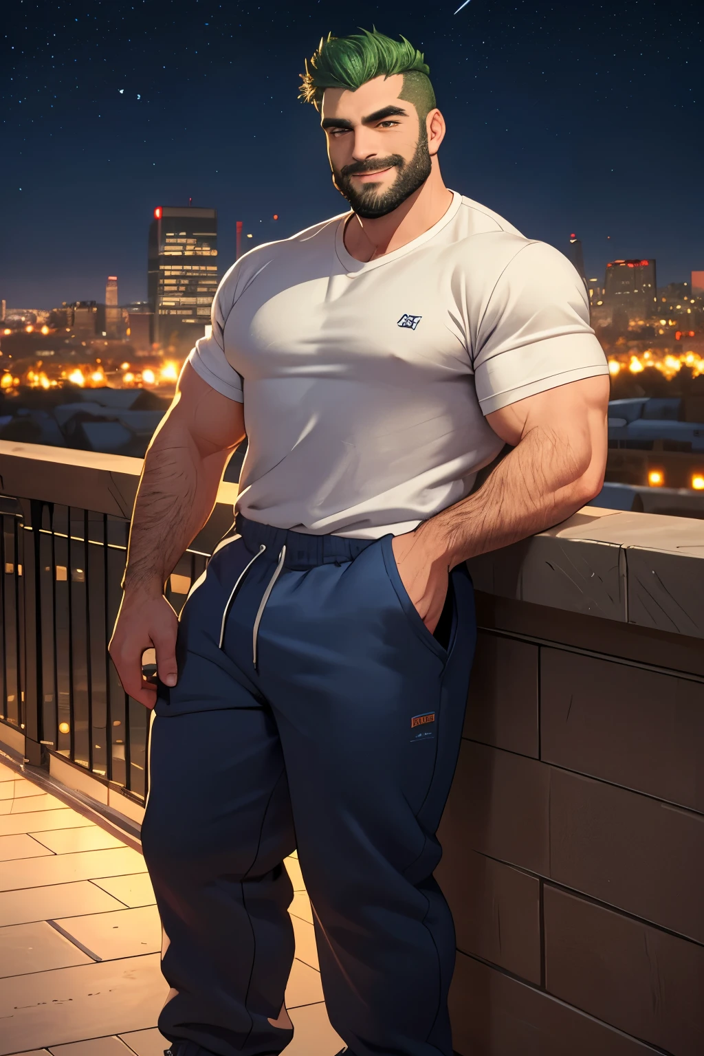 green hair ,white handsome man, 30 years old, (wearing blue sweatpants), hairy, stubble beard, robust, hunky, stocky, casual pose, detailed, masculine, daddy, terrace, city in the background, starry night,smiling (best quality, 4k, 8k, high resolution, masterpiece: 1.2), detailed facial features