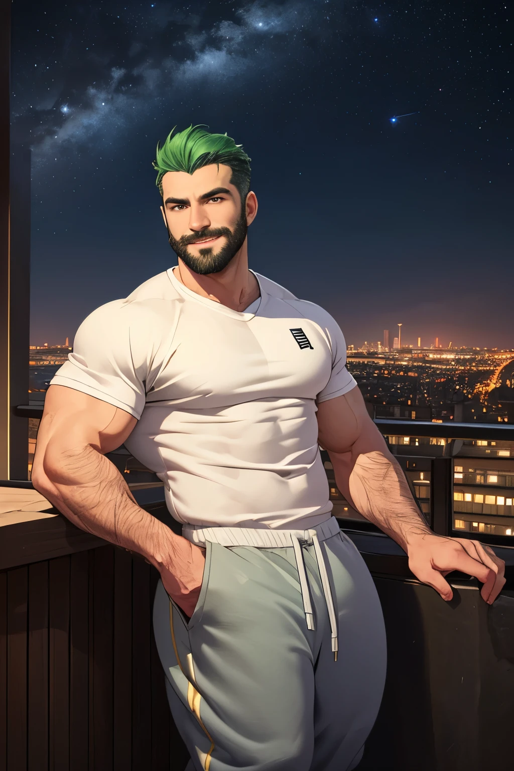 green hair ,white handsome man, 30 years old, (wearing blue sweatpants), hairy, stubble beard, robust, hunky, stocky, casual pose, detailed, masculine, daddy, terrace, city ​​in the background, starry night,smiling (best quality, 4k, 8k, high resolution, masterpiece: 1.2), detailed facial features