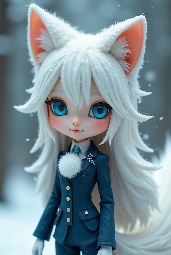 She's a good 4 feet and 10 inches tall by imperial measure, Overall her visage has a beautiful feminine shapeliness, Her eyes bear a vertical slit instead of rounded pupils surrounded by a blue iris, The snowy white hair atop her head is parted by a pair of large adept fox ears that always seem to be listening, Poofing from the middle of her chest is a fluffy ball of snowy white fur, waspish hips, Nine swishing snowy white fox tails the soft fur feels lovely, six pack shaped by a good diet and steady conditioning, A-cup breasts, she is wearing a suit, she is cute