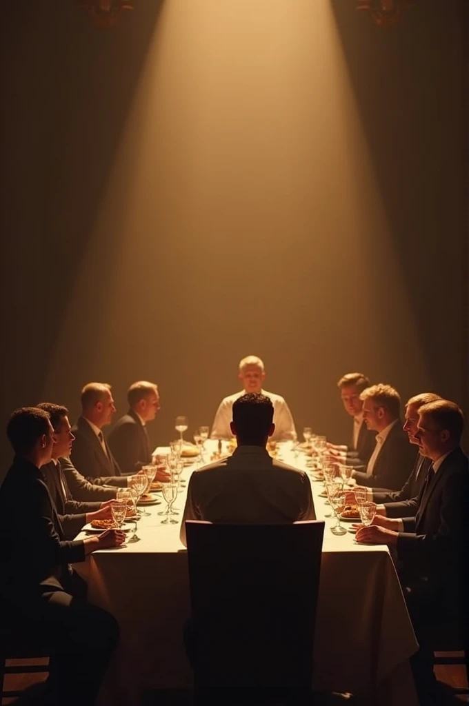 a table with several people sitting and a man sitting in a prominent place at that table, realistic scene, 4k HD, film, based on the biblical verse: you prepare a table for me in the presence of my enemies, anoint my head and my cup overflows