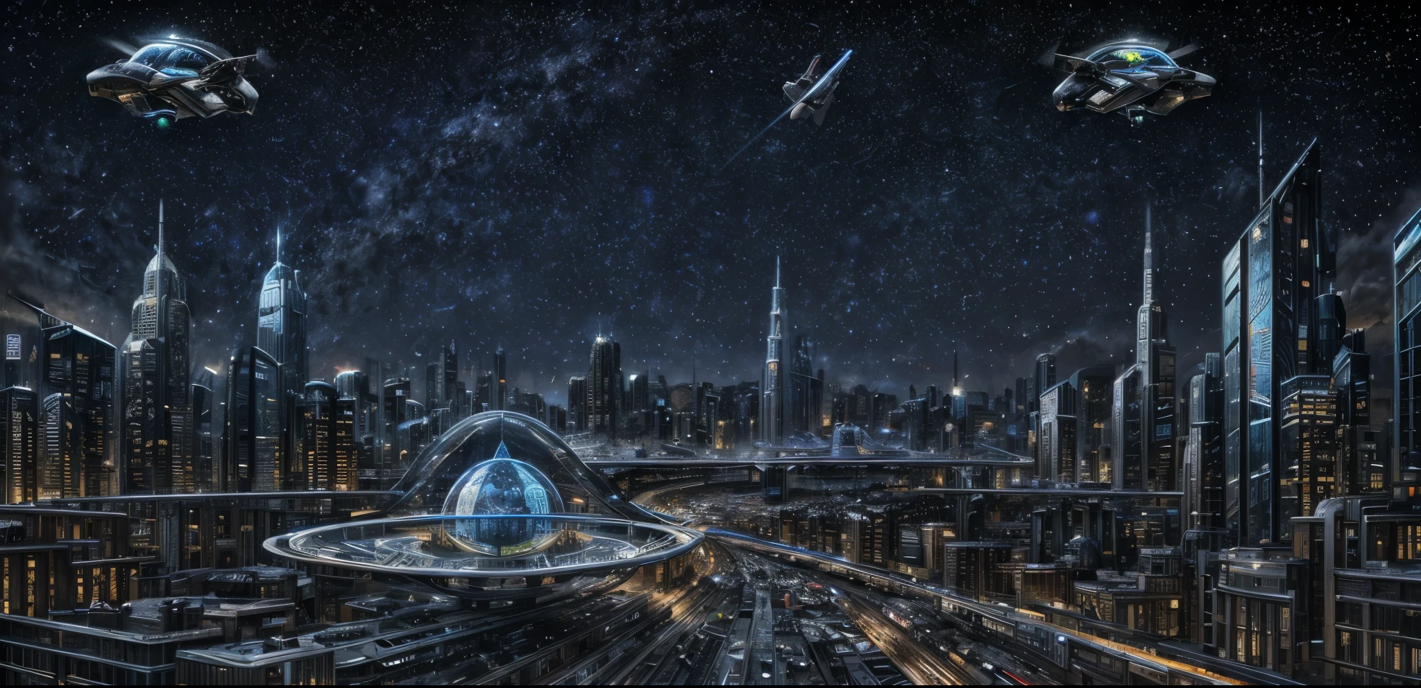 High resolution, high quality, Ultra high definition, Illustration effect for posters and magazines, Future cityscape, Streetscape, Huge transparent dome, Flying Car, Robots and AI, Starry sky and spaceship, Night view,Fantastic fantasy art, In town