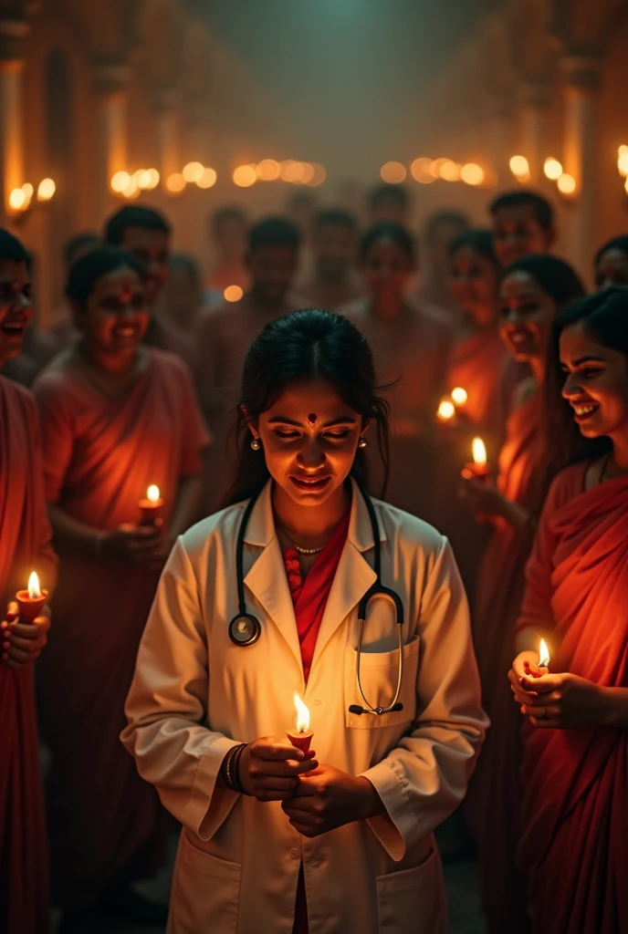Many Hindu pandit gathering and laughing with evil smile an Indian doctor woman who is crying and scared for getting raped