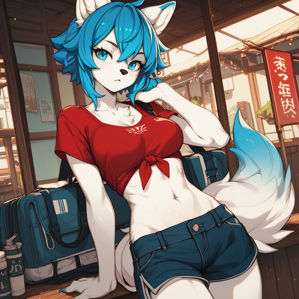 score_9, score_8_up, score_7_up, score_6_up, score_5_up, score_4_up, anime, Anthropomorphic character, white wolf, blue details on the belly and arms, red top, dark blue shorts, blue colored eyes, short blue hair