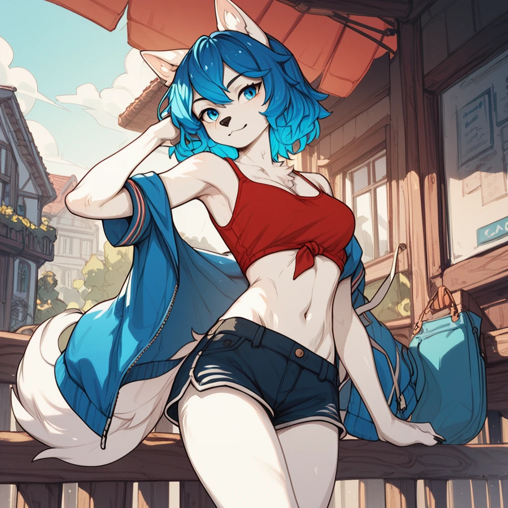 score_9, score_8_up, score_7_up, score_6_up, score_5_up, score_4_up, anime, Anthropomorphic character, white wolf, blue details on the belly and arms, red top, dark blue shorts, blue colored eyes, short blue hair