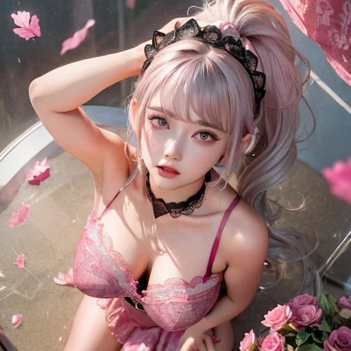masterpiece, best quality,absurdres,(anime),1 lady,(platinum hair:1.1),short hair,wavy hair,(beautiful pink eyes:1.1),(hair over one eye:1.1),embarrassed,happy,BREAK,(pink cheerleader dress with black lace overlay:1.2),,(pink lace choker with black heart pendant:1.1),(pink and black lace headdress:1.1),BREAK,(nsfw:1.3),nipple,(uppre body),nipple,(from above:1.1),flower background,wet hair, against glass, breasts on glass, breast press